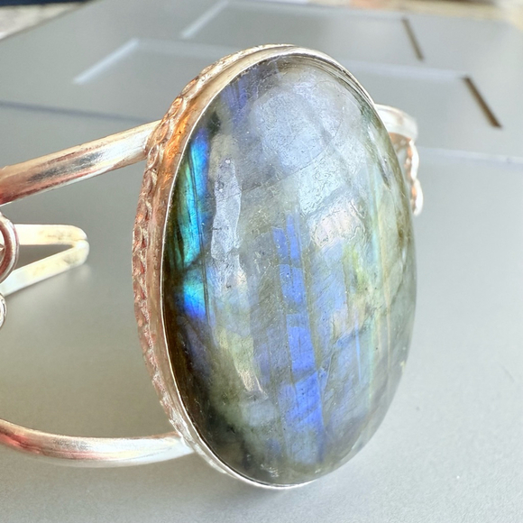 HUGE Vintage 925 Sterling Silver 70ct Labradorite Cuff Bracelet - Picture 8 of 9